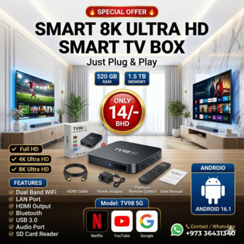 Isa Town, Computers, BHD 14,  8K Smart TV Box With Android 16 & Dual Band (Can Watch Free All TV & Movies) Plug & Watch