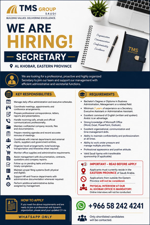 Khobar, Jobs, 📢 WE ARE HIRING – SECRETARY TMS Group Saudi | Al Khobar, Eastern Province