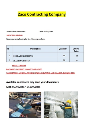 Riyadh, Jobs, Mobilization-  Immediate   *LOCATION- JAFURAH* *We Required    1) Insulator (pipping)