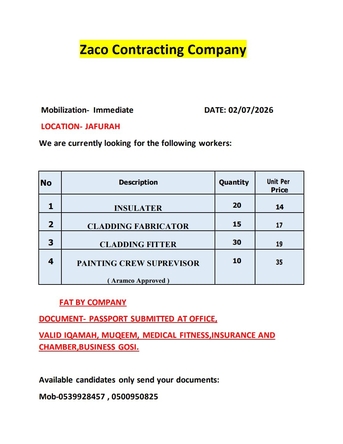 Riyadh, Jobs, Mobilization-  Immediate   *LOCATION- JAFURAH