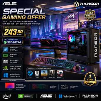 Manama, Computers, BHD 243,  ASUS Core I5 8th Gen Gaming PC Set &ndash; GTX 950 2GB | 24" Borderless Monitor Call / WhatsApp