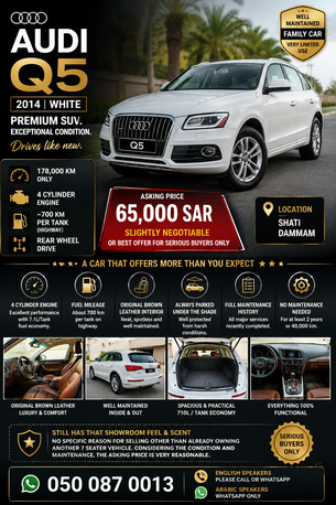Dammam, Vehicles, Cars & Trucks , SAR 65000,  Audi Q5 | White | 4 Cylinder | Quattro,  2014,  Automatic,  178000 KM,  ||| | Attractive Registration Number