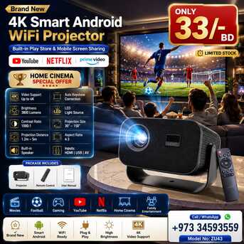 Muharraq, Computers, BHD 32,  Brand New 4K Smart Android WIFI Projector (Built-In Play Store) Mobile Screen Sharing