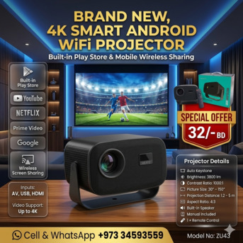 East Riffa, Computers, BHD 32,  Brand New 4K Smart Android WIFI Projector (Built-In Play Store) Mobile Screen Sharing 3459