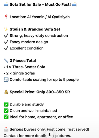 Al Yasmin, Furniture, SAR 350,  Heavy Duty Customize Strong Wood Sofa Set For Sale - Space Issue