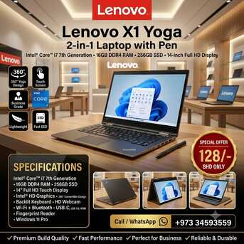 East Riffa, Computers, BHD 128,  LENOVO YOGA Core I7 7th Gen Touch 360* Flip Laptop + Tablet With Pen 14" FHD Touch Screen
