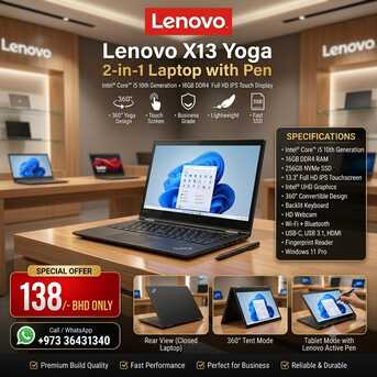 Isa Town, Computers, BHD 138,  Lenovo Core I5 10th Generation Touch Laptop + Tablet With Pen 16GB RAM 13.5" Touch Display