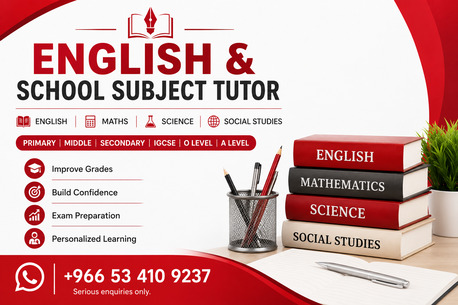 Riyadh, Lessons Offered, Experienced English Language, English Literature, Maths & Science Tutor