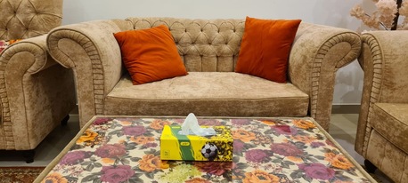 Al Malaz, Furniture, SAR 2000,  Sofa 7 Seater With Beautiful Table & Cushions - Beige Color- Sofa Quality Excellent