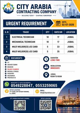 Jubail, Jobs, Mechanical Technician, Electrical Technician & CS/SS Welder URGENT REQUIREMENT
