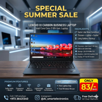 Manama, Computers, BHD 83,  Lenovo X1 Carbon Thinner Core I7 Laptop (Same Like New) 14" FHD IPS Display Price 83/-BD