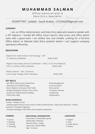 Jeddah, Job Seekers, Office Administrator | Data Entry Specialist | MS Office Exp Looking For A Job Opportunity