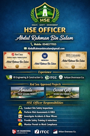 Riyadh, Job Seekers, Hse Officer Cv With Nebosh Certificate Transferable Iqama