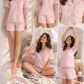 INR 999,  Women's Premium Pink Cartoon Print Cotton Short Set | Soft Breathable Button-Down Half Sle
