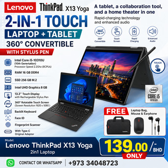 Manama, Tablet Computers, BHD 139,  Lenovo Core I5 2in1 Touch Laptop+Tablet With Pen 10th Gen 16GB RAM 8GB Graphics FREE Gifts