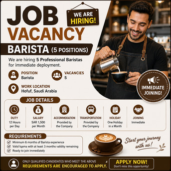 Riyadh, Jobs, Job Vacancy &ndash; Barista (5 Positions)