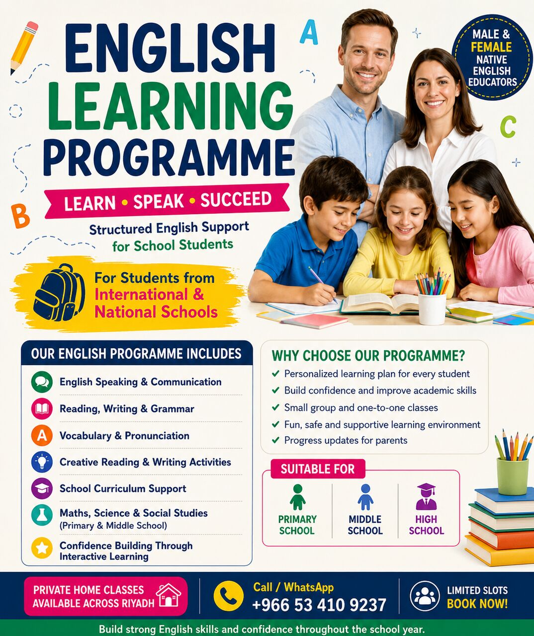 Riyadh, Lessons Offered, Native English Educators For Primary/Middle/High&ndash; Male & Female Native English Educators