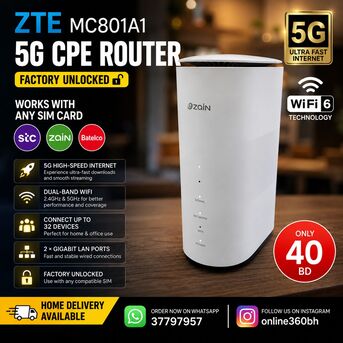 Manama, Electronics, BHD 40,  ZTE MC801A1 5G CPE Router – Unlocked   ✅ Works With Any SIM Card • Stc • Zain • Batelco
