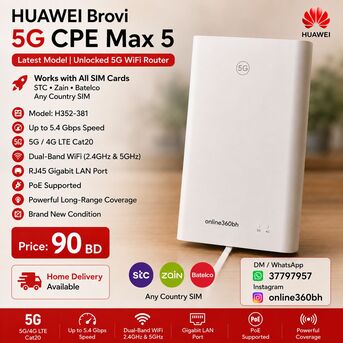 Manama, Electronics, BHD 90,  HUAWEI Brovi 5G CPE Max 5 Latest Model Unlocked 5G WiFi Router Works With All SIM Card