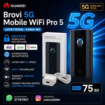 Umm Al Hassam, Electronics, BHD 75,  Huawei Brovi 5G Mobile WiFi Pro 5 Latest Model E6888-982 Unlocked Works With Any Sim
