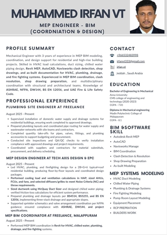 Jeddah, Job Seekers, MEPF ENGINEER -BIM (COORDINATION & DESIGN )