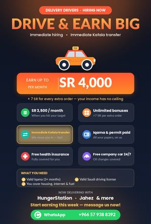 Riyadh, Jobs, Derivers Only!! Food Delivery Drivers Wanted Immediate Hiring - 3500 SR Income