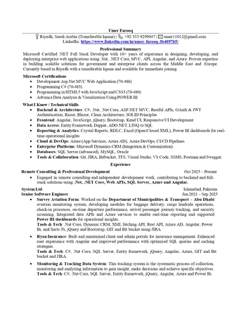 Riyadh, Job Seekers, Senior .Net Full Stack Developer | Transferable Iqama | +92 333 9299047