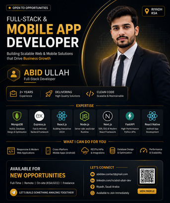 Riyadh, Job Seekers, Full-Stack & Mobile App Developer Available For Hire