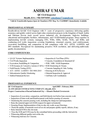 Riyadh, Job Seekers, QC Inspector | 3+ Years Experience | Transferable Iqama