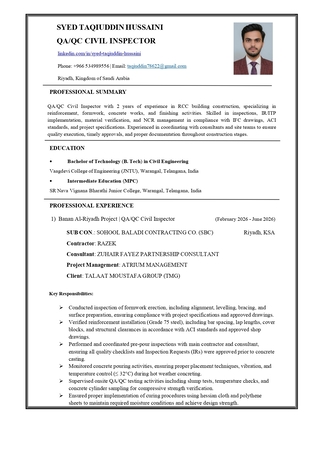Hara, Job Seekers, QA/QC Civil Inspector | Riyadh, KSA