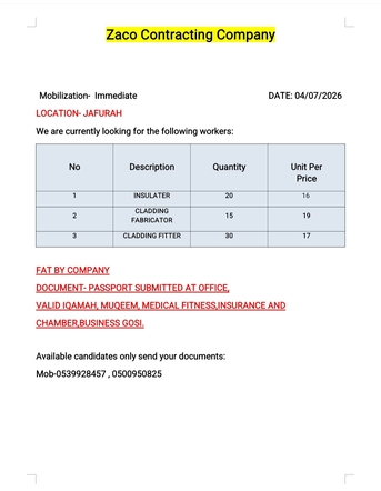 Riyadh, Jobs, Urgent Requirement - Cladding Fitter, Cladding Fabricator, Insulator