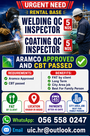 Abqaiq, Jobs, Welding QC INSPECTOR AND Coating QC Inspector Aramco Approved And CBT Passed