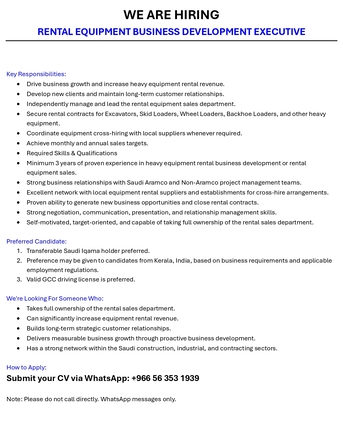 Al Ulaya, Jobs, Rental Equipment Business Development Executive