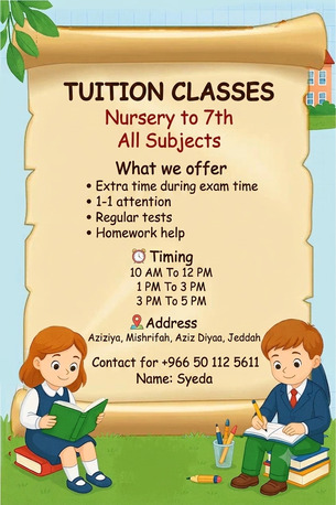 Jeddah, Education, Tuition Available Nursery To 7th