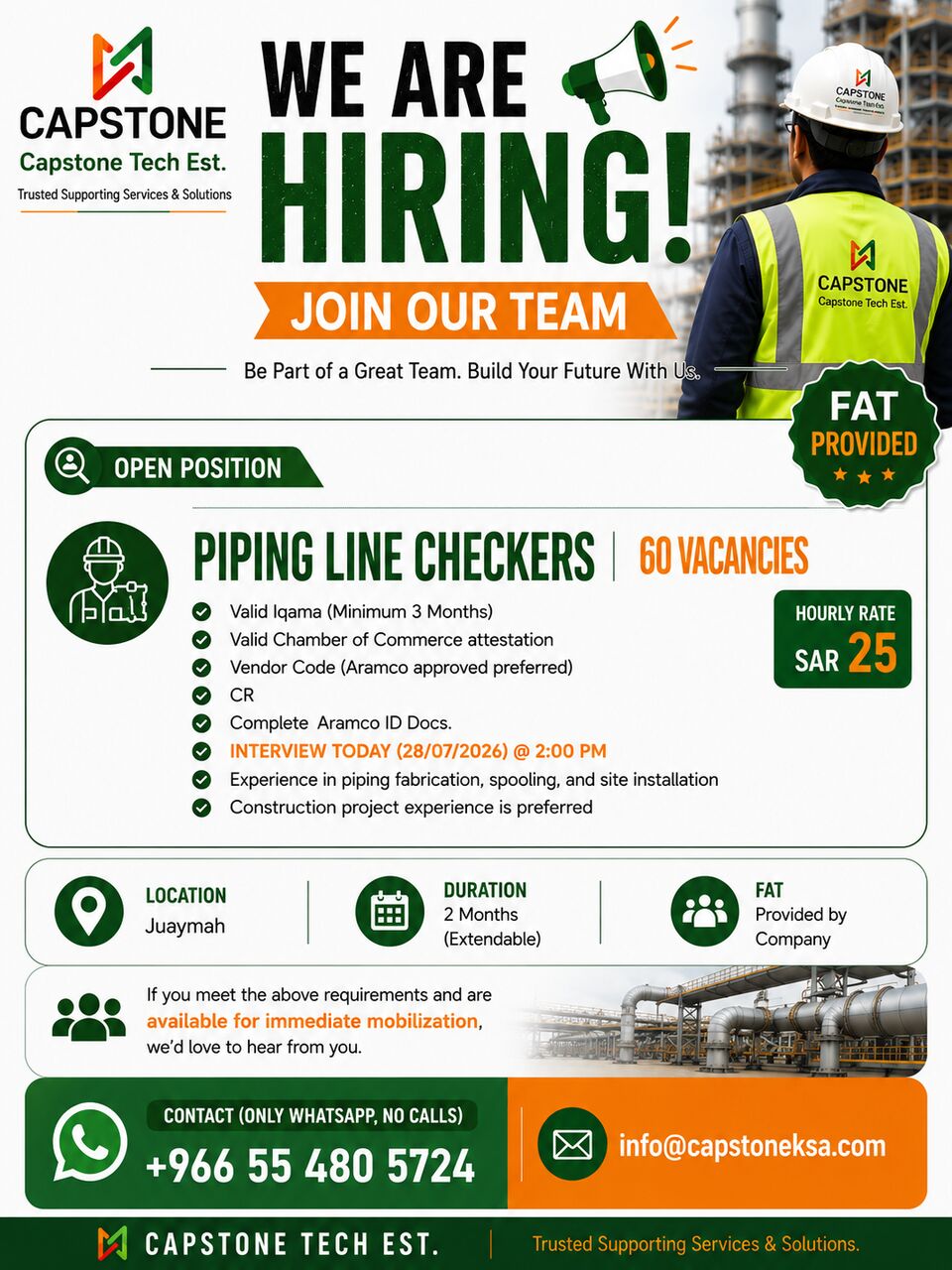 Jubail, Jobs, Urgent! Hiring For Piping Line Checkers