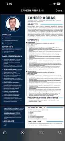 Riyadh, Job Seekers, ZAHEER ABBAS  Inventory  Officer | Warehouse Operations |  SAP Inventory  Management |  Da