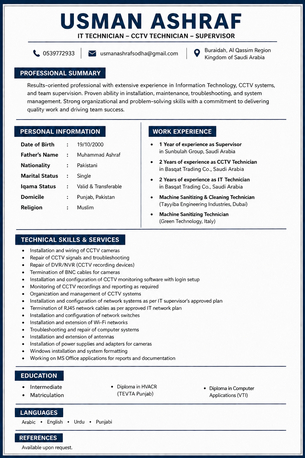 Buraidah, Job Seekers, Muhammad Usman &ndash; Professional CCTV Technician Expert In CCTV Camera Installation, DVR/NVR