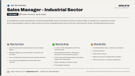 Manama, Jobs, Sales Manager &ndash; Industrial Sector &ldquo;Oil & Gas&rdquo;