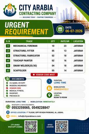 Jubail, Jobs, Mechanical Foreman And Scaffolder, Welder CS/SS  URGENT REQUIREMENT