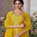 INR 2413,  Seerat Yellow Chinon Kurta Set With Jacquard And Zari Work, Paired With An Organza Dupatta