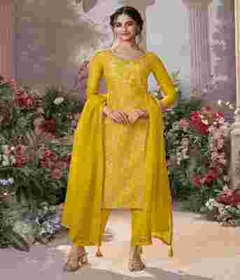 Mumbai, Clothing & Accessories, INR 2413,  Seerat Yellow Chinon Kurta Set With Jacquard And Zari Work, Paired With An Organza Dupatta