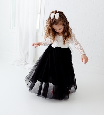 New York, Clothing & Accessories, USD 88,  Black Tulle Flower Girl Dress With White Lace Bodice, Boho Chic Wedding Dress For Girls