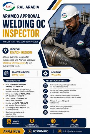 Riyadh, Jobs, Hiring Welding Qc Inspector Aramco Approved