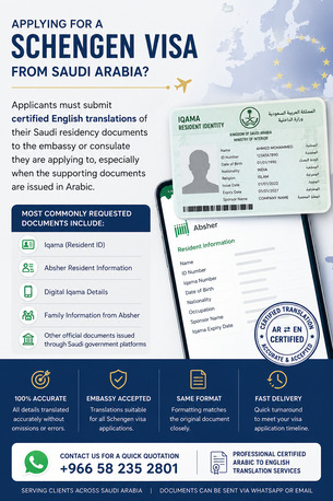 Riyadh, Translation, Certified Translation Of Iqama & Absher Documents For Schengen Visa