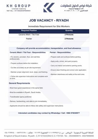 Riyadh, Jobs, Ceramic Mistri / Tile Fixers & Painters