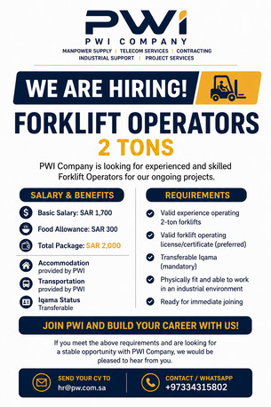 Jeddah, Jobs, Forklift Operator 2 TONS ( Iqama Transferable) With Valid TUV