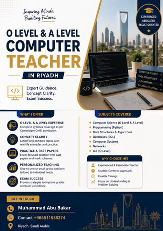 Riyadh, Lessons Offered, O Level A Level Computer Teacher