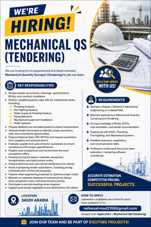 Riyadh, Jobs, Mechanical QS (Tendering)