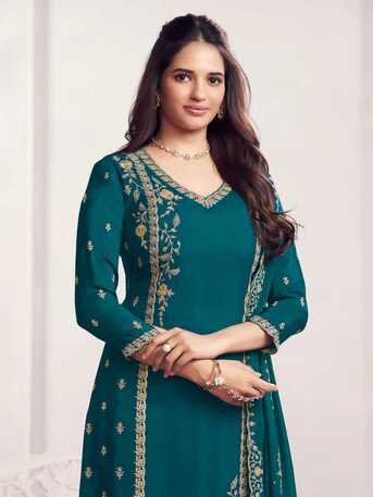 Mumbai, Clothing & Accessories, INR 2701,  Buy Seerat Teal Panel Embroidery Straight Kurta With Dyed Trousers And Embroidery Dupatta