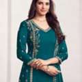 INR 2701,  Buy Seerat Teal Panel Embroidery Straight Kurta With Dyed Trousers And Embroidery Dupatta